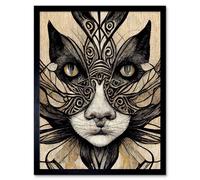 Artery8 Framed Wall Art Boho Tribal Cat Face Abstract - 12X16 Inch