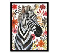 Artery8 Framed Wall Art Boho Zebra Bright Floral Watercolour Painting - 12X16 Inch