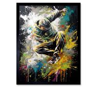Artery8 Framed Wall Art Break Dancer B-Boy Dancing Splatter Paint Portrait - 12X16 Inch
