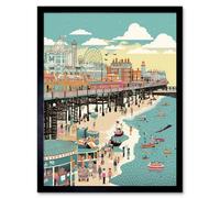 Artery8 Framed Wall Art Brighton Beach Pier And Sandy Summer Scene - 12X16 Inch