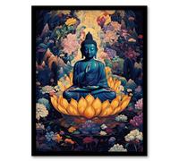 Artery8 Framed Wall Art Buddha In Lotus Flower Nirvana Concept Art Blue Orange Pink Floral Psychedelic Painting - 12X16 Inch