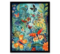 Artery8 Framed Wall Art Butterfly Insects In Flower Field Modern Folk - 12X16 Inch