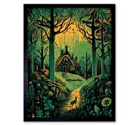 Artery8 Framed Wall Art Cabin Hut In The Forest Green And Orange Linocut - 12X16 Inch