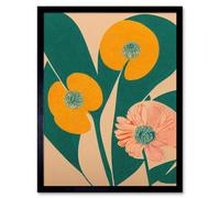 Artery8 Framed Wall Art California Poppy Flower Blooms Turquoise Leaves Bright - 12X16 Inch