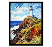 Artery8 Framed Wall Art Cape Byron Australia Vibrant Artwork Iconic Lighthouse Atop Cliffs Coastal Landscape - 12X16 Inch