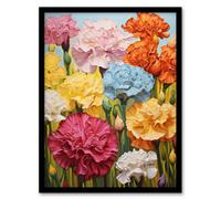 Artery8 Framed Wall Art Carnation Symphony Vibrant Blooming Flowers Orange Pink Green Meadow Oil Painting - 12X16 Inch