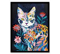 Artery8 Framed Wall Art Cat Lover Ocicat Trippy Floral Pattern Painting - 12X16 Inch