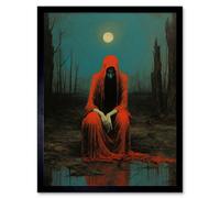 Artery8 Framed Wall Art Charon In Red Cloak Beksinski Inspired Conceptual Artwork Full Moon Barren Landscape - 12X16 Inch