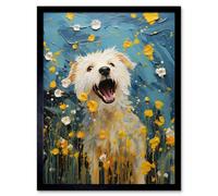 Artery8 Framed Wall Art Chasing The Flowers White Terrier In Spring Meadow Thick Paint Blooms Coton De Tulear - 12X16 Inch