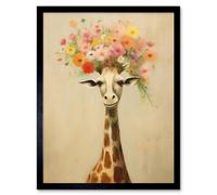 Artery8 Framed Wall Art Cheerful Giraffe With Wildflower Bouquet Hat Spring Camouflage Whimsical Nursery - 12X16 Inch