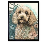 Artery8 Framed Wall Art Cockapoo Dog In Wildflower Field Pastel Watercolour - 12X16 Inch