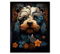 Artery8 Framed Wall Art Cockapoo Dog With Flower Patterns Art Nouveau Artwork Orange Blue Floral Portrait Design - 12X16 Inch