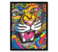 Artery8 Framed Wall Art Colourful Arty Tiger Portrait Fun Bold Hippy Print - 12X16 Inch