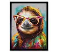 Artery8 Wall Art Print Colourful Sloth with Glasses Modern Folk Art Framed in Black | Size: W12" x H16" Artery8 Black W12" x H16"