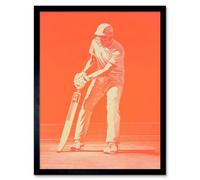 Artery8 Framed Wall Art Cricket Player Flick Shot Sport Artwork Orange Monochrome Athlete Portrait - 12X16 Inch