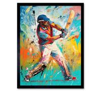 Artery8 Framed Wall Art Cricket Shot Vibrant Cricketer Batsman Portrait - 12X16 Inch