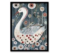 Artery8 Framed Wall Art Cute Abstract Swan Floral Blue Red White Painting Print - 12X16 Inch