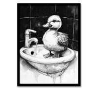 Artery8 Framed Wall Art Cute Duckling Sink Bath Time Black White Drawing Print - 12X16 Inch
