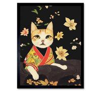 Artery8 Framed Wall Art Cute Ginger Cat In Red And Yellow Kimono Sitting On A Bed Of Rocks With Flowers - 12X16 Inch