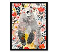 Artery8 Framed Wall Art Cute Happy Grey Bear In Wildflowers Folk - 12X16 Inch