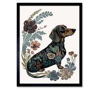 Artery8 Framed Wall Art Dachshund Shorthaired Dog With Floral Patterns Colourful Modern - 12X16 Inch