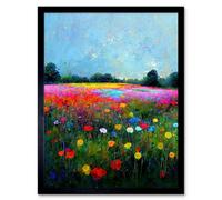 Artery8 Framed Wall Art Delicate Wildflower Meadow Abstract Colourful Modern - 12X16 Inch