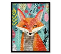 Artery8 Framed Wall Art Devious Fox In Garden Folk Art Pattern Design Print - 12X16 Inch