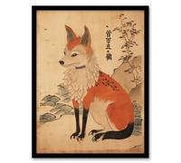Artery8 Framed Wall Art Edo Period Kitsune Red Fox Portrait Simple Japanese Ukiyo-E Style Painting - 12X16 Inch
