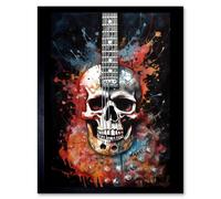 Artery8 Framed Wall Art Electric Skull Guitar Death Metal Music Concept Splatter Art Modern Acrylic Painting - 12X16 Inch