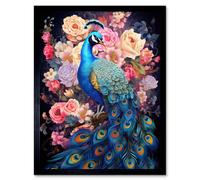 Artery8 Framed Wall Art Elegant Peacock Bird With Rose Flower Blooms Vibrant Floral Blue Pink Orange - 12X16 Inch