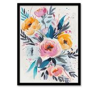Artery8 Framed Wall Art Elegant Peony Flower Bouquet Floral Watercolour - 12X16 Inch