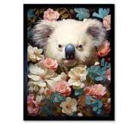 Artery8 Framed Wall Art Elegant White Koala Bear Nestled In White Blue And Pink Blooming Flowers Floral Painting - 12X16 Inch