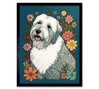Artery8 Framed Wall Art English Sheepdog With Multicolour Daisies Bright Flowers Modern - 12X16 Inch