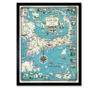 Artery8 Framed Wall Art Ernest Chase 1949 Bright Pictorial Map Cape Cod Nantucket Massachusetts - 12X16 Inch