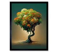 Artery8 Framed Wall Art Ethereal Bonsai Lone Tree Green Orange - 12X16 Inch