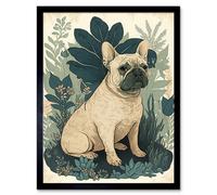 Artery8 Framed Wall Art French Bulldog And Tropical Plants Modern Pastel Colour Boho - 12X16 Inch