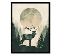 Artery8 Framed Wall Art Full Moon Forest Hill Stag Grey Green Design Poster - 12X16 Inch