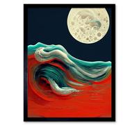 Artery8 Framed Wall Art Full Moon On Red Ocean Waves Swirl Abstract Painting - 12X16 Inch
