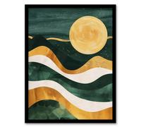 Artery8 Framed Wall Art Full Moon Over Mountains Green Gold Boho Abstract Print - 12X16 Inch