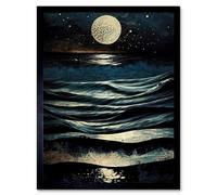 Artery8 Framed Wall Art Full Moon Rising Over Clear Night Sky Tidal Waves - 12X16 Inch