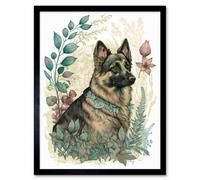 Artery8 Framed Wall Art German Shepherd Dog With A Leaf Collar Spring Field Boho Pastel Watercolour - 12X16 Inch