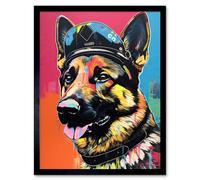 Artery8 Framed Wall Art German Shepherd Wearing Police Hat Modern Pop - 12X16 Inch