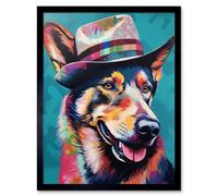 Artery8 Framed Wall Art German Shepherd With Fedora Hat Vibrant Portrait - 12X16 Inch