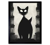 Artery8 Framed Wall Art Giant Black Cat Le Chat Noir City Monochrome - 12X16 Inch