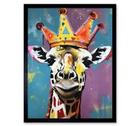 Artery8 Framed Wall Art Giraffe Wearing A Crown King Queen Modern Pop - 12X16 Inch