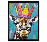 Artery8 Framed Wall Art Giraffe With Queen Birthday Crown Modern Pop - 12X16 Inch