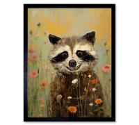 Artery8 Framed Wall Art Gleeful Raccoon Picking Flowers Red White Blooms Spring Meadow Landscape Kids Bedroom - 12X16 Inch