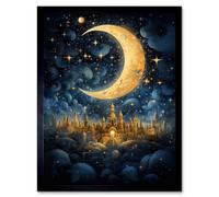 Artery8 Framed Wall Art Golden City In The Clouds Surreal Artwork Blue Gold Crescent Moon Starry Night Fairytale - 12X16 Inch