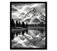 Artery8 Framed Wall Art Grand Teton Reflected In Snake River Black And White - 12X16 Inch