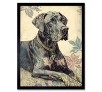 Artery8 Framed Wall Art Great Dane Dog With Floral Pattern Modern Linocut - 12X16 Inch